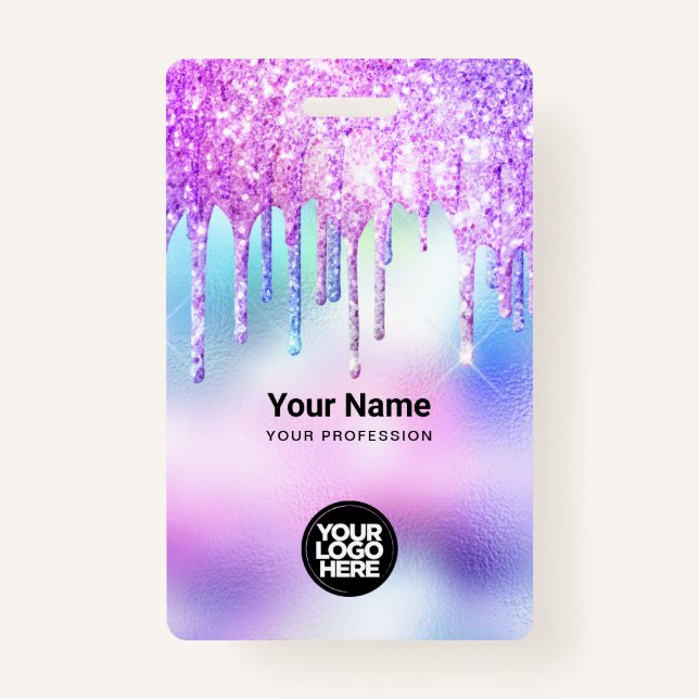 Trendy Cute Holographic Glitter Drips Employee ID Badge (Front)