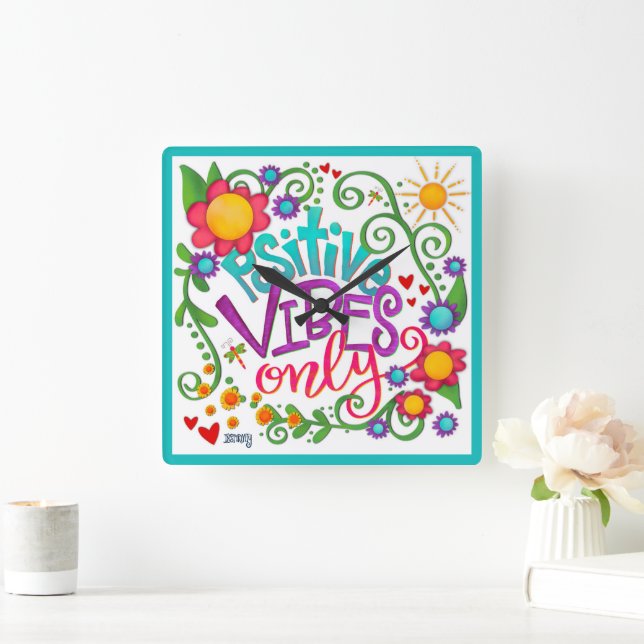 Trendy Cute Kids Unique Positive Vibes Inspirivity Square Wall Clock (Home)