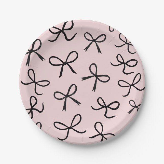 Trendy Cute Little  Black Bows Pink Paper Plate (Front)