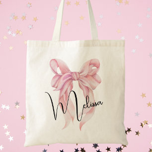 Trendy Cute Modern Girls Watercolor Pink Bow Tote Bag