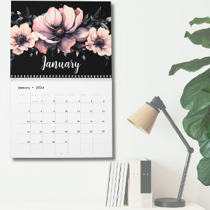 Trendy Cute Modern Pink Black Floral Calendar