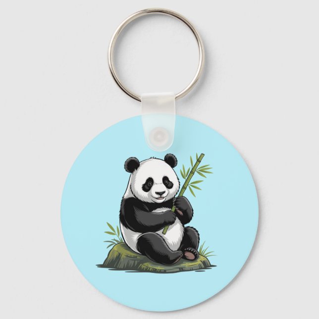 Trendy Cute Panda Bear With Greenery Bamboo Blue Key Ring (Front)