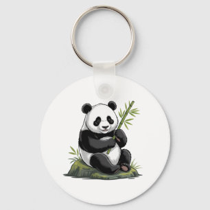 Trendy Cute Panda Bear With Greenery Bamboo Key Ring
