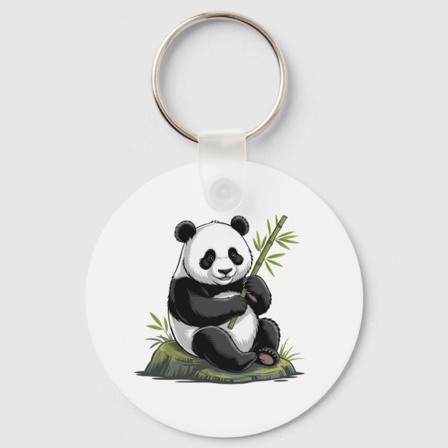 Trendy Cute Panda Bear With Greenery Bamboo Key Ring (Front)