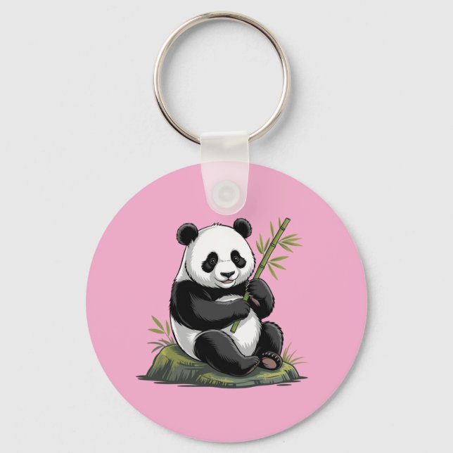 Trendy Cute Panda Bear With Greenery Bamboo Pink Key Ring (Front)