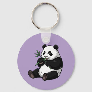 Trendy Cute Panda Bear With Greenery Bamboo Purple Key Ring