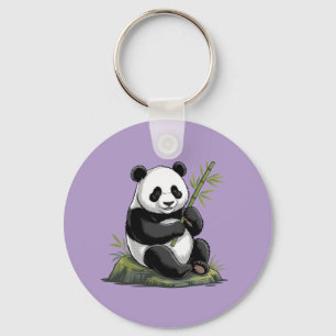 Trendy Cute Panda Bear With Greenery Bamboo Purple Key Ring