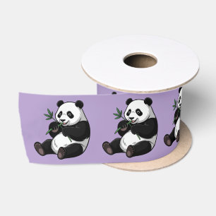 Trendy Cute Panda Bear With Greenery Bamboo Purple Satin Ribbon