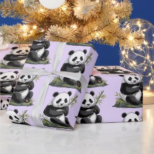Trendy Cute Panda Bear With Greenery Bamboo Purple Wrapping Paper