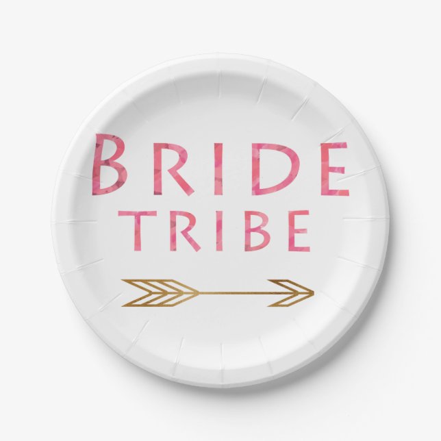 trendy cute pink bride tribe gold arrow design paper plate (Front)