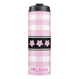 Trendy Cute Pink White Chequered Pattern & Flowers Thermal Tumbler