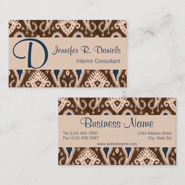 Trendy Cute Pretty Taupe Blue Ikat Tribal Pattern Business Card (Front/Back)