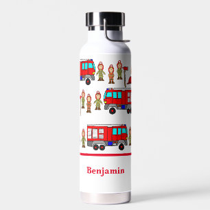 Trendy Cute Red Fire Engine & Fire Fighters Water Bottle
