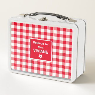 Trendy Cute Red White Chequered Pattern Custom Metal Lunch Box