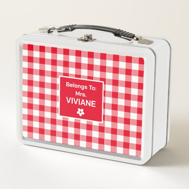 Trendy Cute Red White Chequered Pattern Custom Metal Lunch Box (Front)