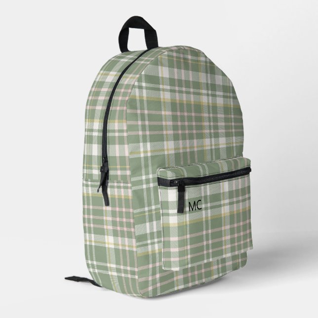 Trendy Cute Sage Green Plaid Monogram Initials Printed Backpack (Back Corner Left)