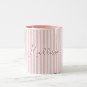 Trendy Cute Striped Pink Aesthetic Custom Name Two-Tone Coffee Mug