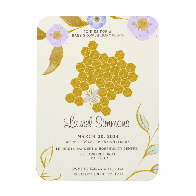 Trendy & Cute Watercolor Gold Bee Hive Baby Shower Magnet (Vertical)