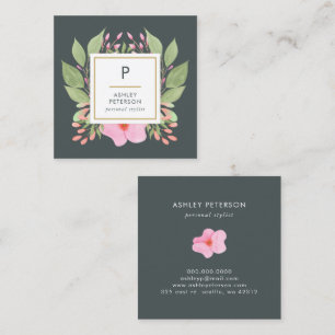Trendy Cute Watercolor Pink Flowers Monogram Square Business Card