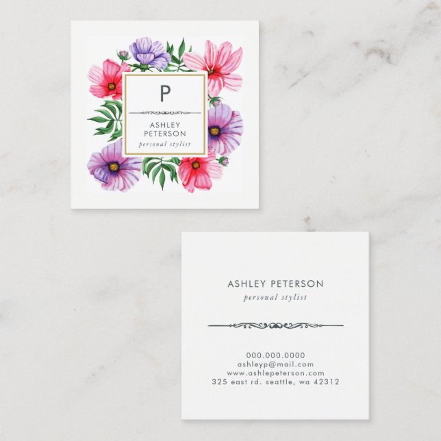 Trendy Cute Watercolor Pink Flowers Monogram Square Business Card (Front/Back)