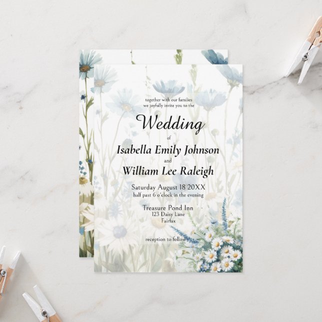 Trendy Daisies & Faded Denim Country Wedding Invitation (Front/Back In Situ)