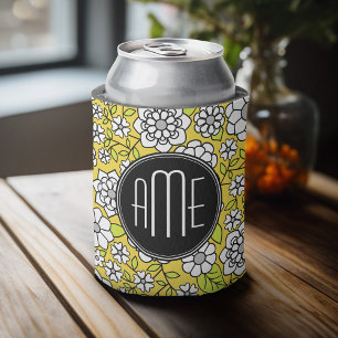 Trendy Daisy Floral Illustration - black & yellow Can Cooler