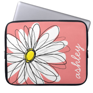 Trendy Daisy Floral Illustration - coral & yellow Laptop Sleeve