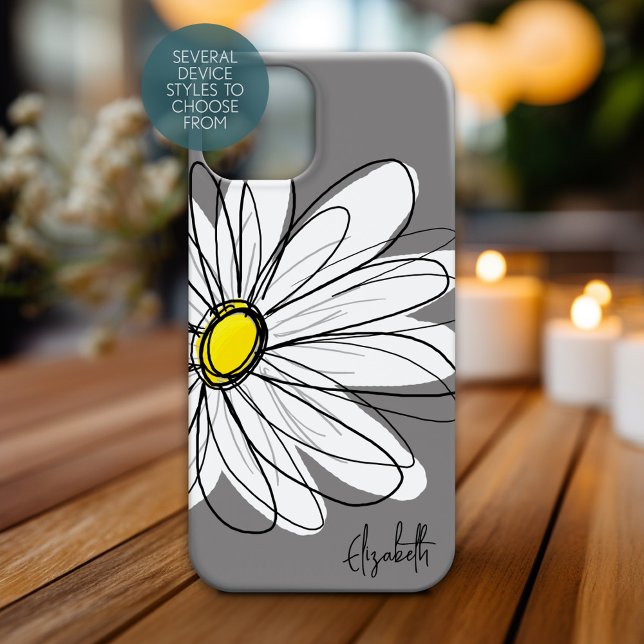 Trendy Daisy Floral Illustration - grey and yellow Case-Mate iPhone Case (Personalized Phone Case with Whimsical Daisy and Custom Name)