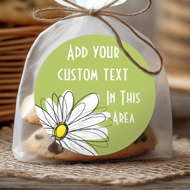 Trendy Daisy Floral Illustration - lime and yellow Classic Round Sticker (Personalized Sticker)