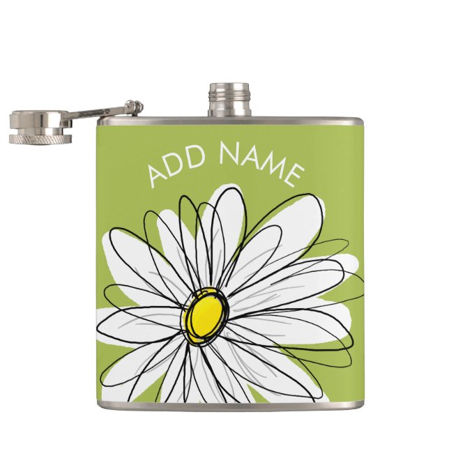 Trendy Daisy Floral Illustration - lime and yellow Hip Flask (Opened)