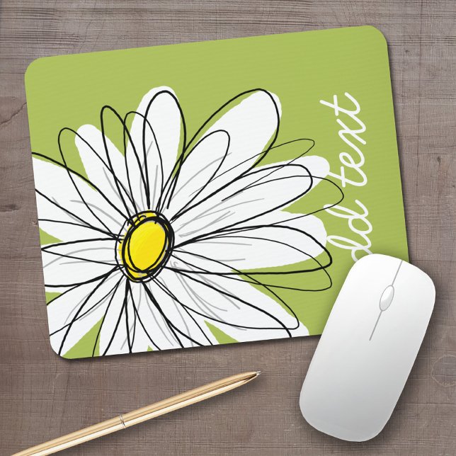 Trendy Daisy Floral Illustration - lime and yellow Mouse Mat (Whimsical daisy mouse pad with your name)