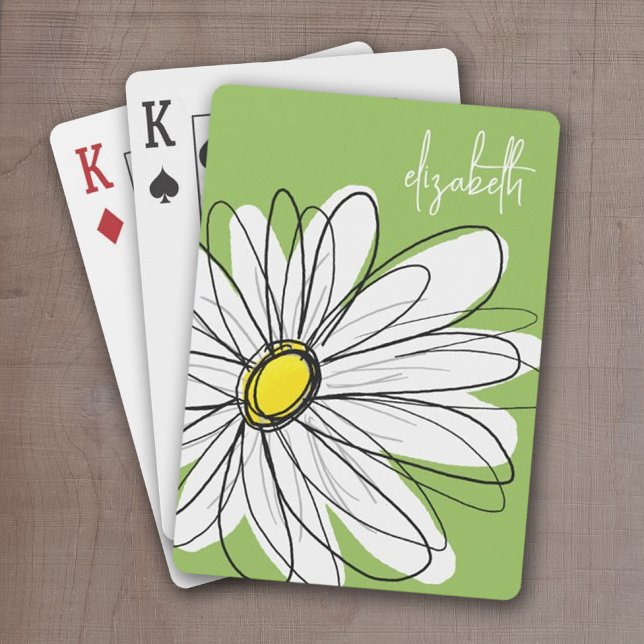 Trendy Daisy Floral Illustration - lime and yellow Playing Cards (Whimsical Daisy Playing cards personalized with your name)
