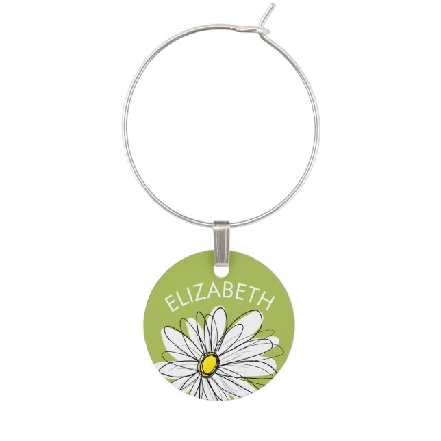 Trendy Daisy Floral Illustration - lime and yellow Wine Charm (Front)