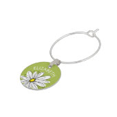 Trendy Daisy Floral Illustration - lime and yellow Wine Charm (Side)