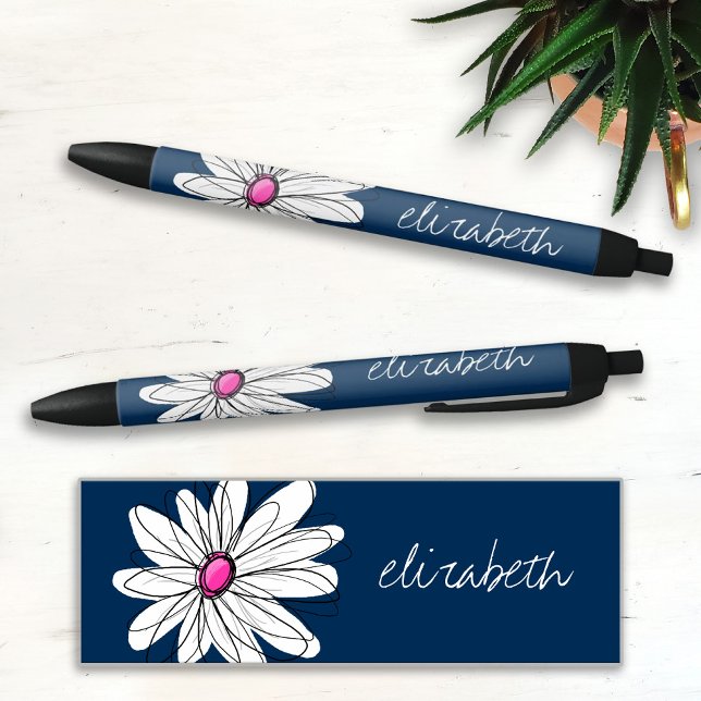 Trendy Daisy Floral Illustration - navy and pink Black Ink Pen (Creator Uploaded)