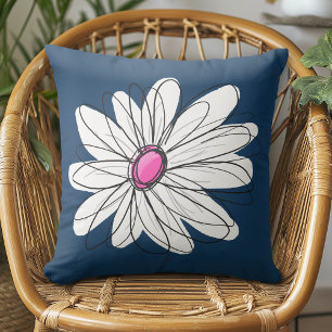 Trendy Daisy Floral Illustration - navy and pink Cushion