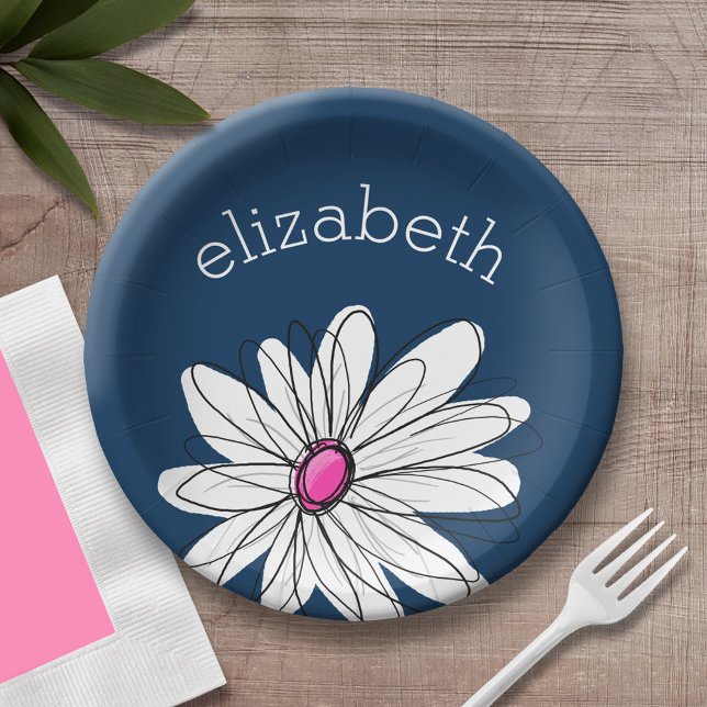 Trendy Daisy Floral Illustration - navy and pink Paper Plate (Personalized party plate with area for name - whimsical daisy )