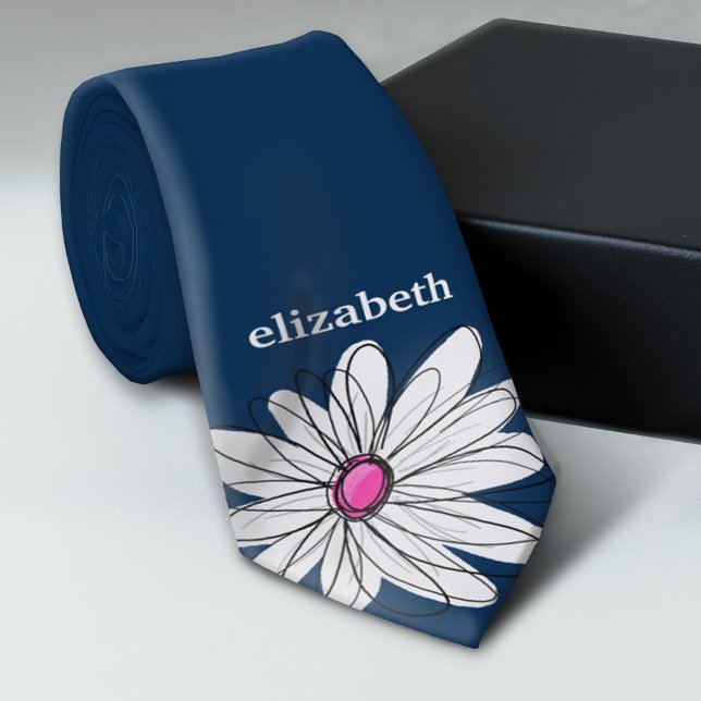 Trendy Daisy Floral Illustration - navy and pink Tie (Custom Photo Collage Tie - Create Your Own Look)
