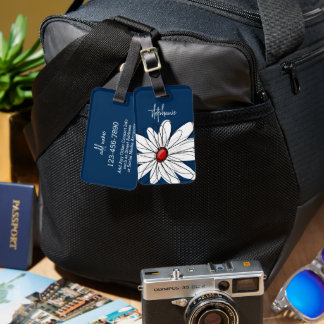 Trendy Daisy Floral Illustration - navy & rust red Luggage Tag