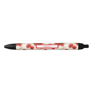 Trendy Daisy Floral Illustration - red and gold Black Ink Pen