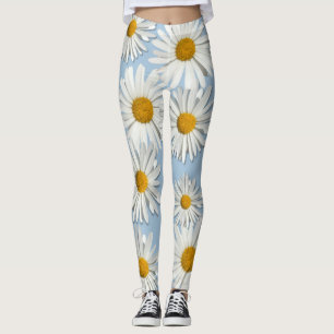 Trendy Daisy Flowers Hippie Blossoms Grey Blue Leggings