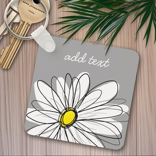 Trendy Daisy with gray and yellow Key Ring (Personalized keychain - whimsical daisy)