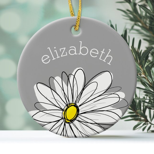 Trendy Daisy with grey and yellow Ceramic Tree Decoration (Personalized Ornament)