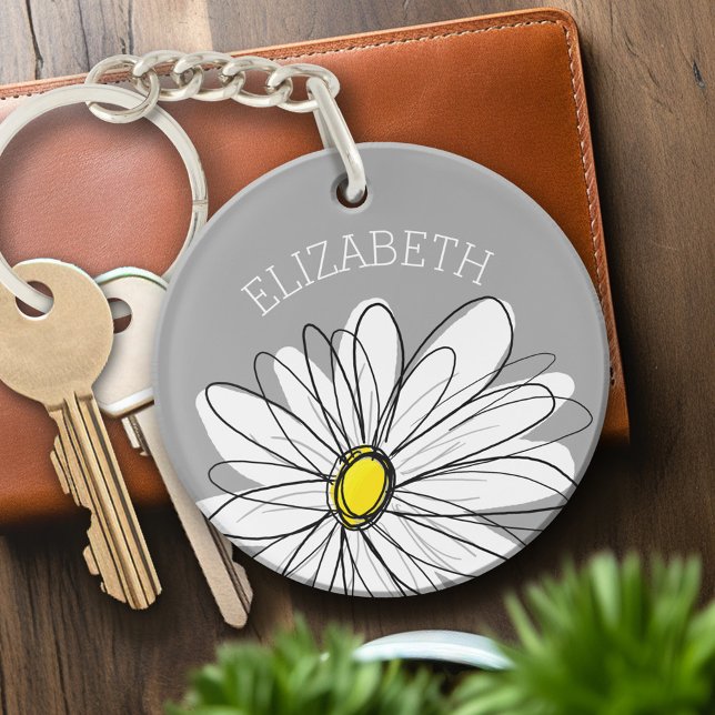 Trendy Daisy with grey and yellow Key Ring (Personalized Keychain - Keyring with whimsical daisy)