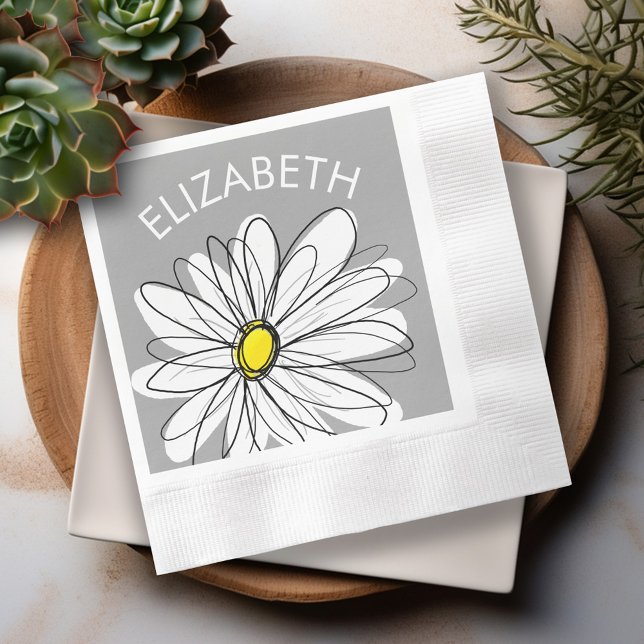 Trendy Daisy with grey and yellow party Napkin (Personalized cocktail and dinner napkins)