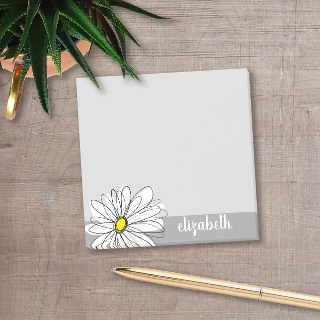 Trendy Daisy with grey and yellow Post-it Notes (Add your name to these personalized post-it notes with a whimsical daisy drawing.)