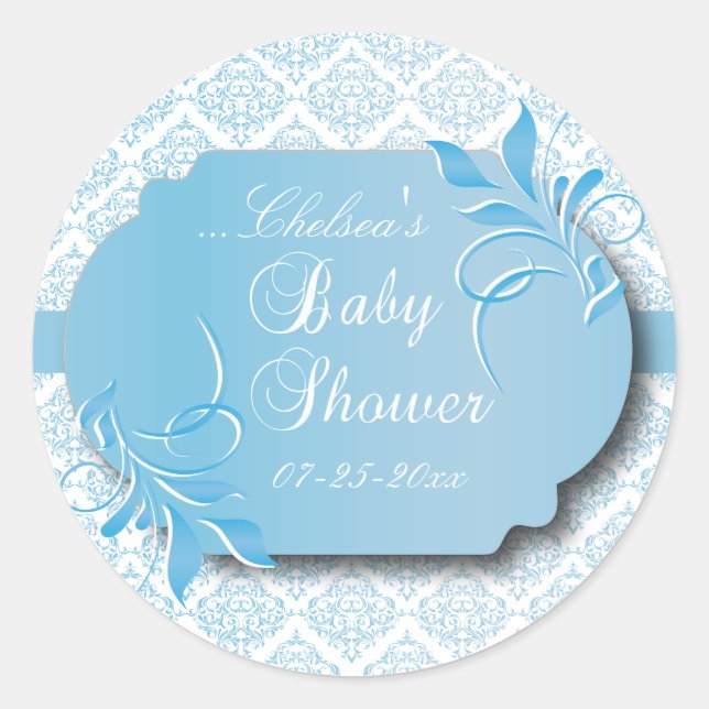 Trendy Damask and Blue for a Baby Shower Classic Round Sticker (Front)