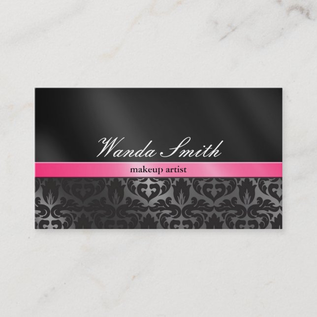 Trendy Damask Pink and Black Business Card 2 Sided (Front)