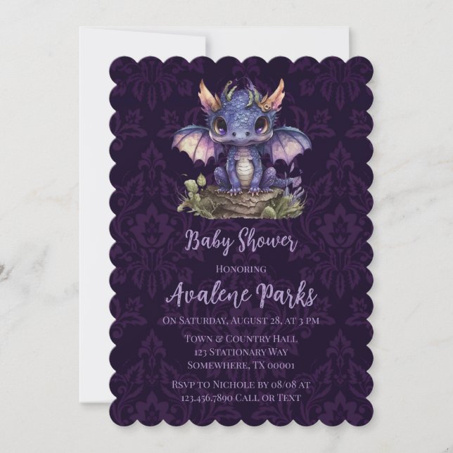 Trendy Damask Purple Dragon Girl Boy Baby Shower Invitation (Front)