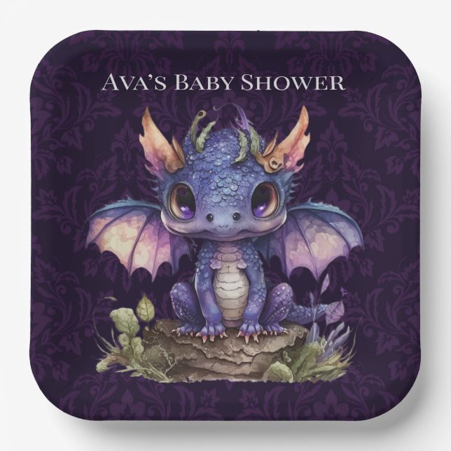 Trendy Damask Purple Dragon Girl Boy Baby Shower Paper Plate (Front)
